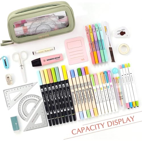 Image of EMUFOOK Clear Pencil Case Aesthetic Large Capacity Pencil Pouch With Zipper Simple Stationary Pencil Bag Transparent Pen Case for School Teen Girl Boy Multi-Purpose Bag for Office Men Women, Green