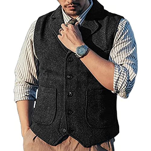 Male Lapel Tweed Suit Waistcoat, Vintage Men's Herringbone Suit Vest Tank Top with 3 Pockets for Jacket Tuxedo (Color : Black, Size : Medium)