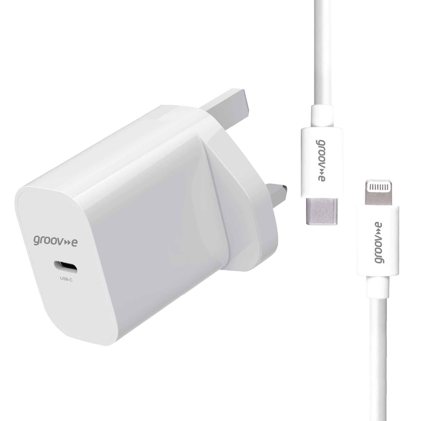 Groov-e USB-C Wall Charger 25W with USB-C to Lightning Cable Bundle - GaN UK Plug Power Delivery Fast-Charge Adaptor with Cable for Lightning Connector Devices - White