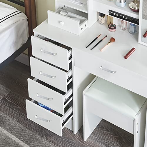 Vanity Set Makeup Dressing Table With Sliding Mirror & 10 Light Bulbs, White Vanity Table With Drawers & Cushioned Stool For Bedroom Modern (07Pw) #TOP2