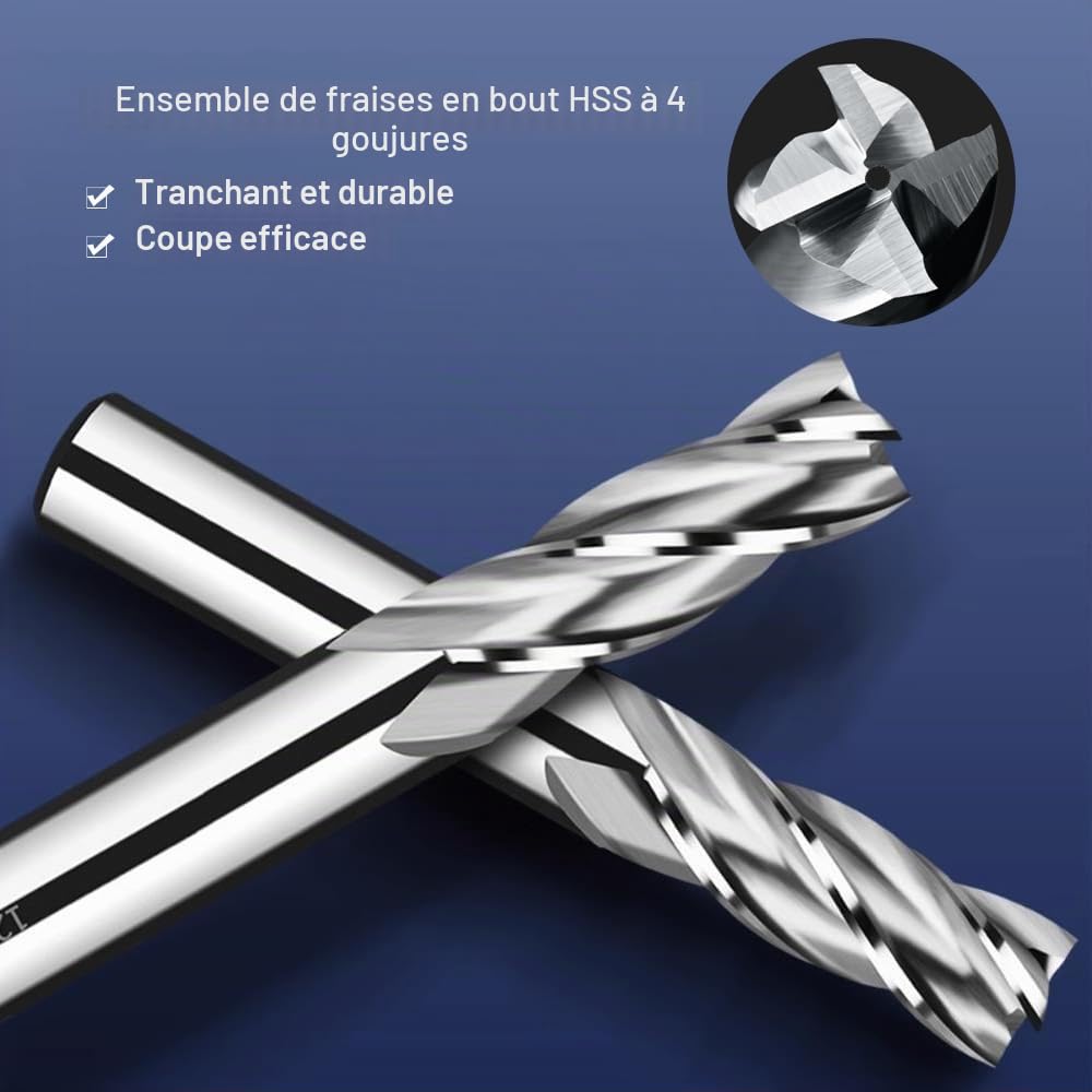 ASNOMY Lot de 10 forets à 4 cannelures - de 2 à 12 mm Fraise en Bout- Ensemble de forets à tige droite HSS CNC pour perceuse - Ensemble d'outils pour bois, aluminium, acier et titane