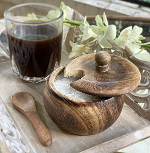 The Great Indian Bazaar SUGARBOWL23 Decorative Rustic Wooden Sugar Bowl & Spoon thumb #1