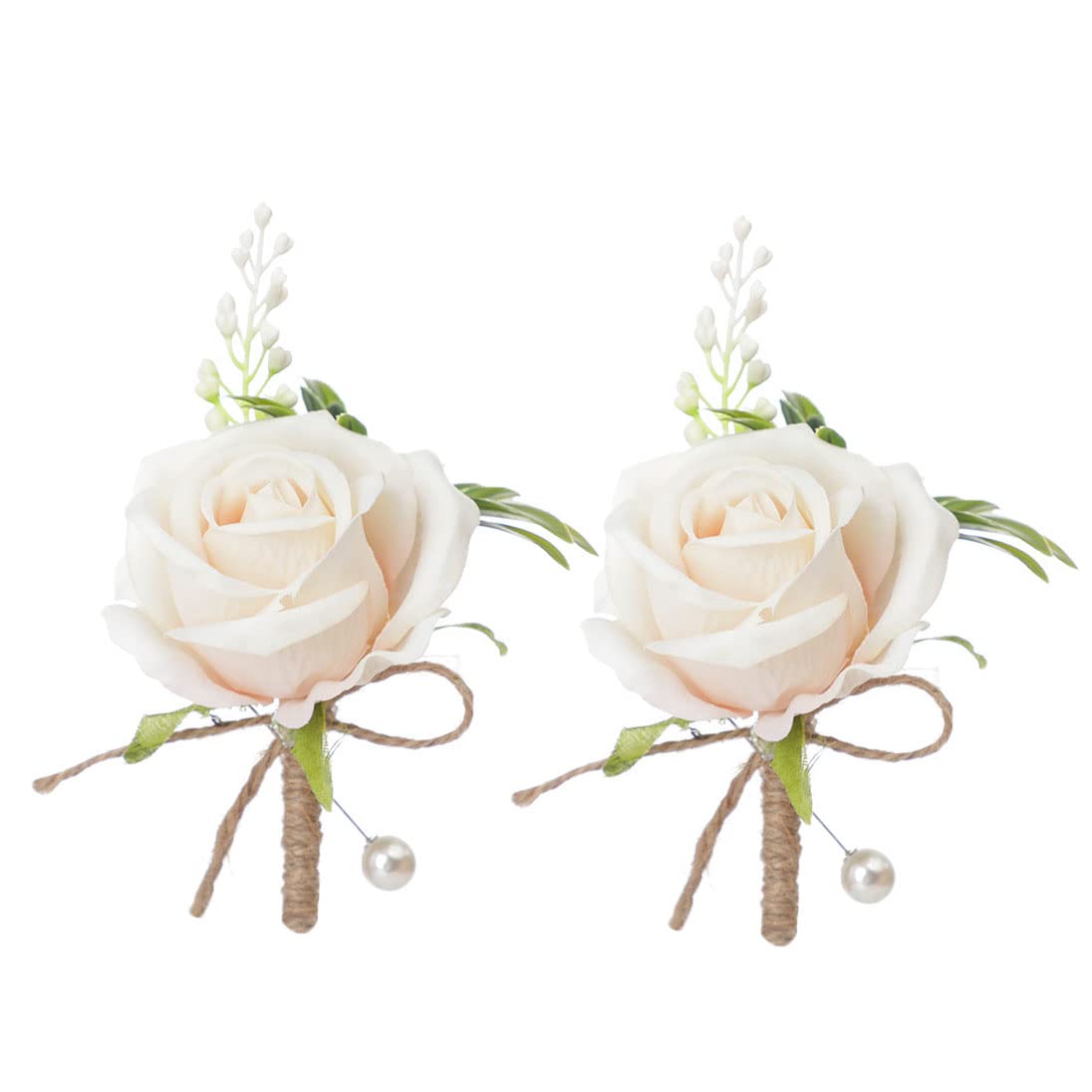2Pcs Corsage Wedding Boutonniere Artificial Rose Flowers Bouquet Brooch Decor for Bride Groom Wedding Prom Party Banquet Rose Boutonniere (champagne)