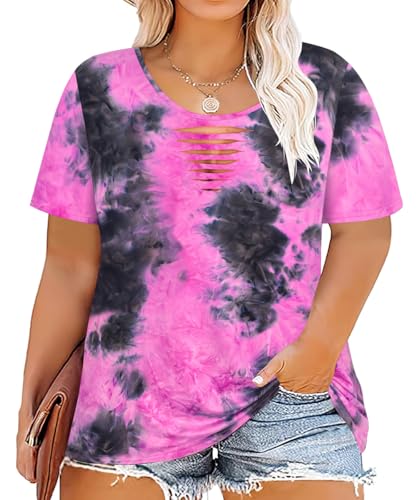 Image of CARCOS Plus Size Tops for Women Short Sleeve Shirts Basic Tee Solid Color Blouse V Neck Tunic Loose Fit Tshirts Summer XL-5XL