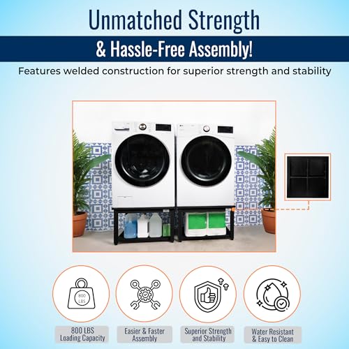 Washer and Dryer Pedestals - Ergonomic 27" Platform - 16" Height with Easy Setup - Supports Up to 800 lbs - Alloy Steel with Leak Protection - Includes Drain Pan & Hose - Black Finish