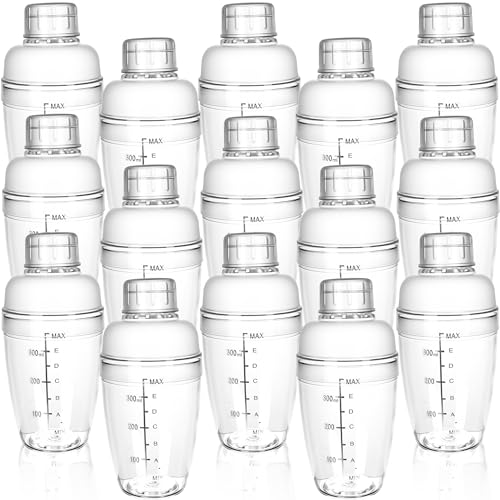 15 Pcs Plastic Cocktail Shaker 350ML/ 12 OZ Clear Plastic Hand Drink Mixer with Scales and Strainer for Drinks Milk Tea Cocktails Coffee Juice Birthday Gift Party