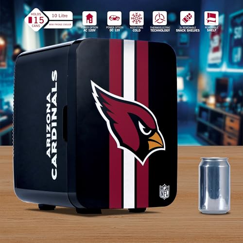Image of Ukonic NFL Arizona Cardinals 15-Can Mini Fridge 10L - AC /DC Powered, Official Team Colors & Logo, Portable Cooler for Tailgates, Home, Office, or Car