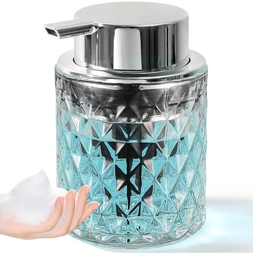 KASUNTING Foaming Soap Dispenser, Clear Glass Foam Hand Soap Dispenser for Bathroom, Refillable 7.8 Fl Oz Foamy Pump Bottle with Plastic Sliver Pump, Modern Diamond Dish Soap Foam Dispenser Container