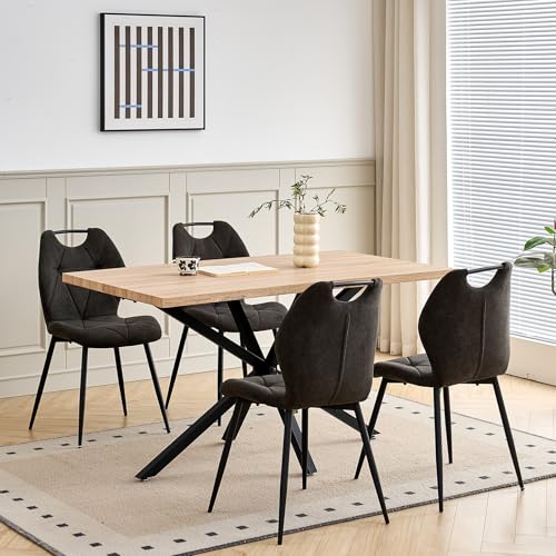 GrandCA HOME Juego de Mesa y Sillas de Comedor de 5 Piezas, Mesa Cuadrada de 140 cm, 4 Silla de Comedor Tapizada en Lino, Adecuado para Cocinas, Comedores (Madera Clara + Negro)