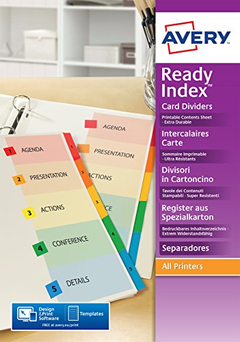 AVERY 2000501 Set of Dividers with 6 Ready Index Tabs/Customisable Contents Sheet/Punched Card Assorted A4 for Laser and Inkjet Printing