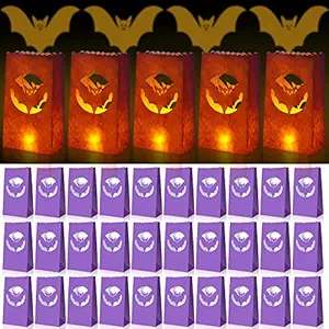 36 Pieces Halloween Luminary Paper Bags Flame Resistant Candle Bags 10.4 x 6 Inch Halloween Candle Holder Bag with Bat Silhouette Luminary Paper Bag for Halloween Party Decorations