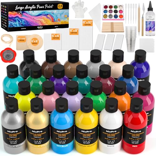 Nicpro 24 Colors 8.45oz Acrylic Pour Paint Supplies Kit, Large Volume Premixed High Flow Painting...