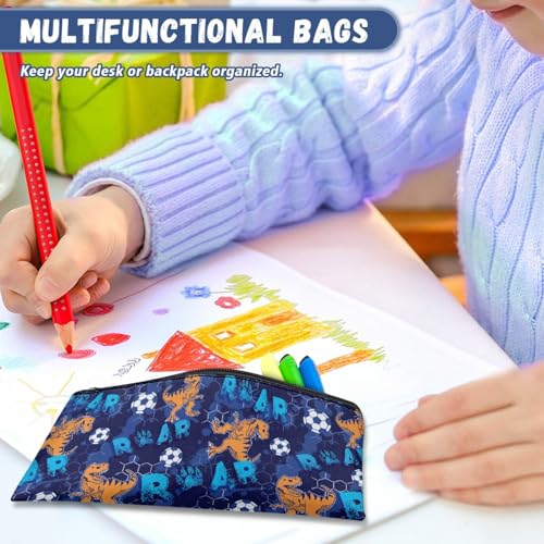 Image of Soccer Dinosaur Pencil Case for Boys Blue Pen Organizer with Smooth Zipper Big Capacity School Pencil Box for Preschool Toddlers Pen Pouch