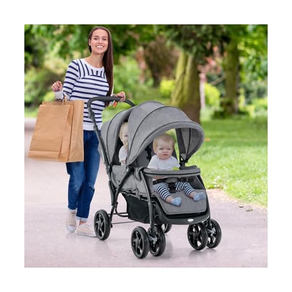 COSTWAY Geschwisterwagen klappbar, Zwillingswagen mit verstellbarer Rückenlehne & Verdeck, Reisebuggy mit Liegefunktion, Zwillingsbuggy Kinderwagen für Baby ab 6 Monate, 30 kg Belastbar (Grau)