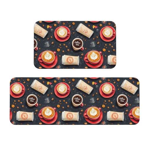 GVYGVY Antifatigue Kitchen Mats for Floor 2 Piece - Coffee Print Kitchen Rugs Washable, Non Slip Runner Rug Standing Mat for Office/Bathroom/Laundry/Home Decor and Accessories