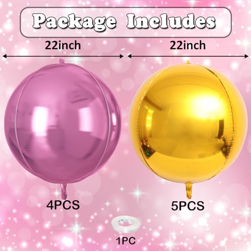 Image of 9 Pcs Pink Gold Round Foil Balloons Baby Light Pink Metallic Gold Chrome 4D Ball Balloons 22 In Orbz Mylar Balloon for Graduation Grad Birthday Wedding Anniversary Party Decorations