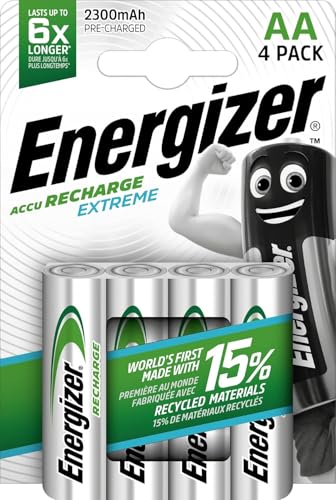 Energizer   Recargables, Pack de 4 pilas AA 2300 mAh, precargada, para dispositivos uso frecuente y cientos de recargas