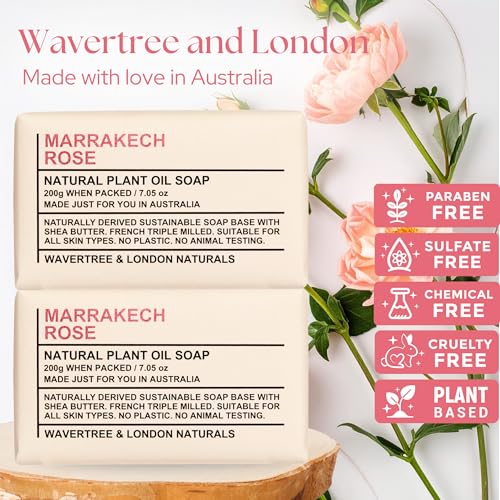 Image of Wavertree & London Marakech Rose Scented Natural Soap Bars (2 Bars), 7oz Moisturizing French Triple Milled Soap enriched with shea butter - Plant Oil Bath & Body Soap Bars [100% Naturally derived]