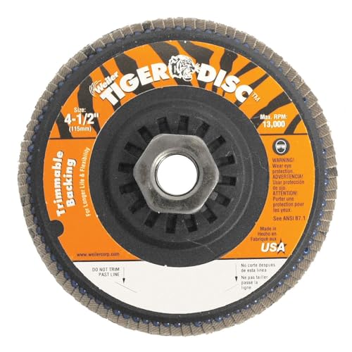 Image of Weiler 50006 Tiger 5 /8 inch-11 Arbor, 4-1 /2 inch Diameter, 40 Grit, Zirconium, Trimmable Composite Backing, Angled Abrasive Flap Disc