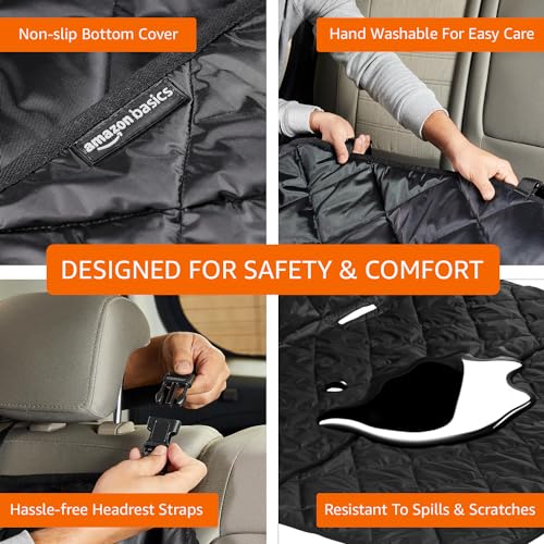 Image of amazon basics Pet Car Seat Cover | Non-Slip | Travel Hammock with Headrest Straps for Anchors | Material Polyester | for Sedan & SUV Cars | Black