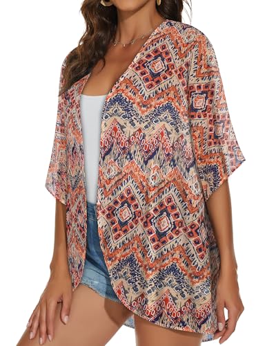 Womens Kimono Cardigans Beach Cover ups Swimwear Puff Sleeve Loose Casual Summer Tops (Boho Orange,L)