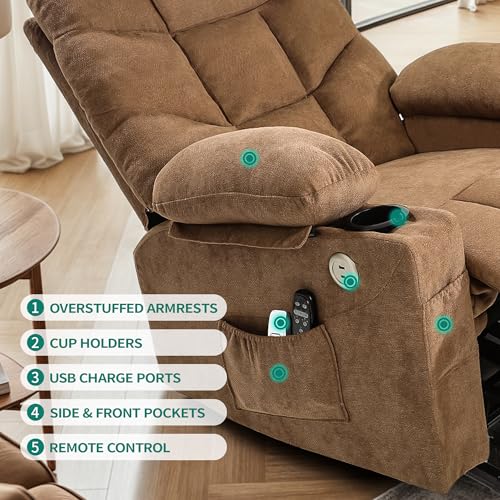 DWVO Power Lift Recliner Chair with Massage & Heat, Modern Fabric Recliner Chair, Spacious Fabric Seat, USB Ports, Cup Holders & Remote Control for Living Room, Brown