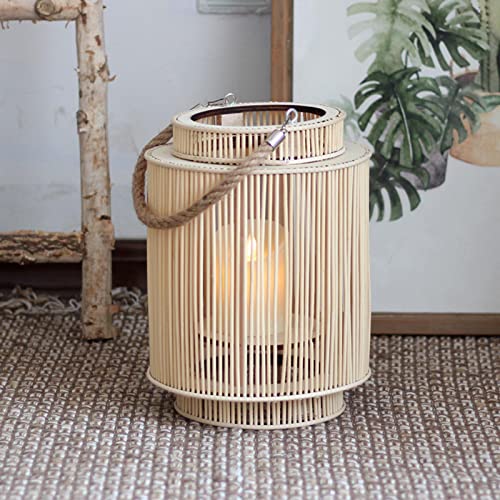 Milageto Retro Natural Rattan Candle Lanterns Hand Woven Candle Holder, Farmhouse Lantern With Handle Table Lamp For Cafes, Garden, Hotels, Wood Color #TOP1
