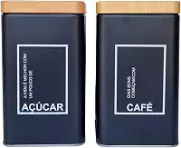 Kit 2 Potes Café e Açúcar Conjunto Lata Alumínio Tampa Imita Madeira Porta Mantimentos - SHACK
