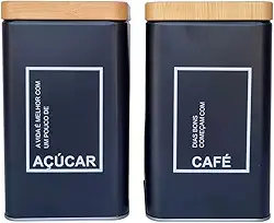 Kit 2 Potes Café e Açúcar Conjunto Lata Alumínio Tampa Imita Madeira Porta Mantimentos - SHACK