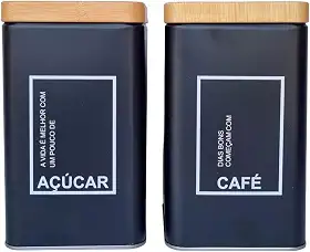 Kit 2 Potes Café e Açúcar Conjunto Lata Alumínio Tampa Imita Madeira Porta Mantimentos - SHACK