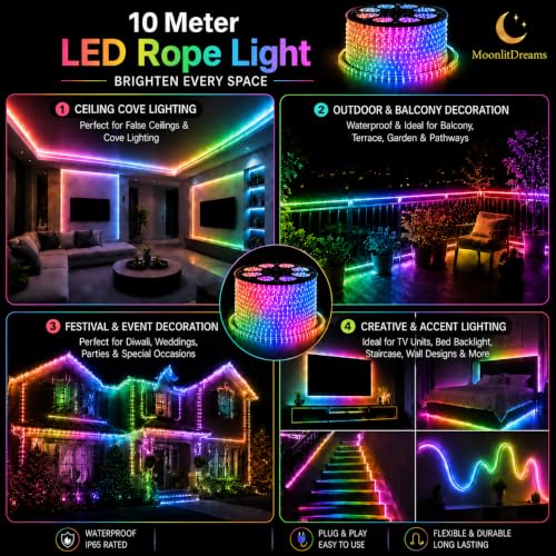 Image of MoonlitDreams 10M LED Rope Light Waterproof Strip Light | Multi Flexible Cove Light for False Ceiling, Balcony, Bedroom, & Indoor Outdoor Decoration | Plug & Play Decorative Light