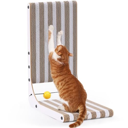 FUKUMARU Cat Scratcher, 48cm L Shape Cat Scratch Pad, Strip Pattern Cats Scratching Post Wall Mounted, Cardboard Cats Scratcher with Ball Toy for Indoor Kitty, Fun Playing Box Included, M