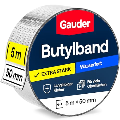 GAUDER Butylband wasserdicht selbstklebend - Butyl Dichtband für Dachrinne - Dichtungsband und Reparaturband mit Aluminiumfolie für Regenrinne Dach und Wohnwagen (50 mm x 5 m)
