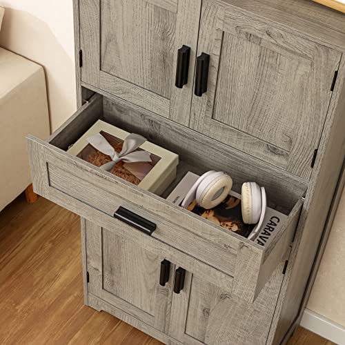 Quimoo Tall Storage Cabinet, Bathroom Storage Cabinet With Large Drawer & Adjustable Shelf, Cupboard, Floor Storage Cabinet With 4 Doors For Living Room, Bedroom, Kitchen, Home Office, Grey #TOP5
