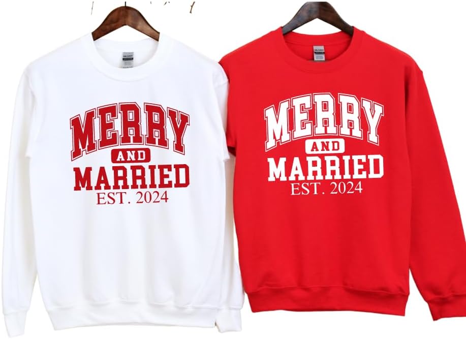 Merry And Married Christmas Sweatshirt, Just Married His And Hers Matching Christmas Sweater, 1st Christmas Mr and Mrs Bride and Groom Christmas Wedding Gift For Newlywed Husband and Wife, Honeymoon.