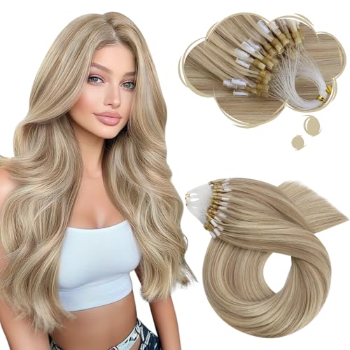 Image of Moresoo Micro Bead Hair Extensions Real Human Hair, Golden Beige Blonde | 16 inch, 50g 50 strands, reusable micro loop, sun-kissed blonde blend, lightweight comfort, weekend styling, date night looks