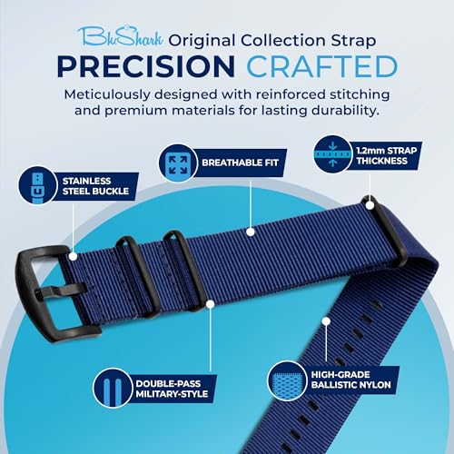 Image of BluShark - Original Collection Military-Style Waterproof Watch Strap, Fits All Timepiece Brands, Durable Nylon Wristwatch Accessories with Stainless Steel Buckle - 18mm, 20mm, 22mm & 24mm Watch Bands