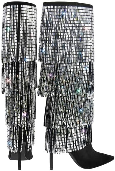 LISHAN Women's Fringe Rhinestones Stilettos Heel Knee High Boots Bling Pointed Toe For Party Prom Dance