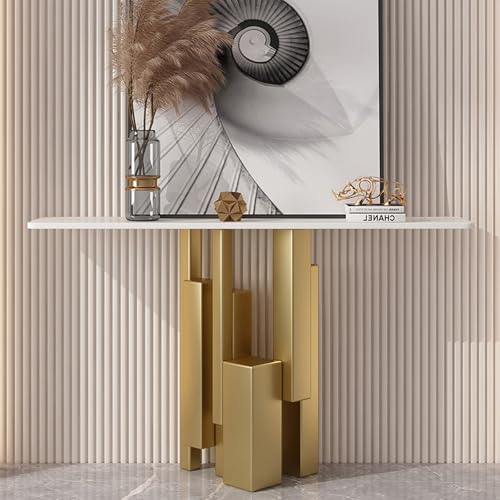 Mesa de sofá estrecha de lujo con acabado mármol y base metálica minimalista 6
