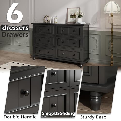 Image of Black 6 Drawer Dresser, Vintage Chest of Drawers, 47.2'' Bedroom Cabinet