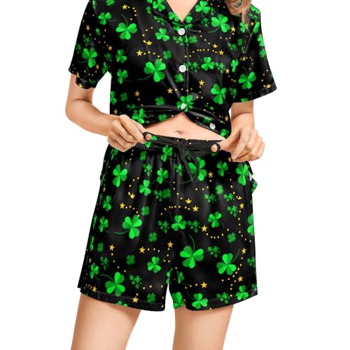 Image of Silk Satin Pajama Set for Women Summer Lounge Pjs Sets 2 Piece Suit Ladies Button Down Tops And Shorts Sleepwear