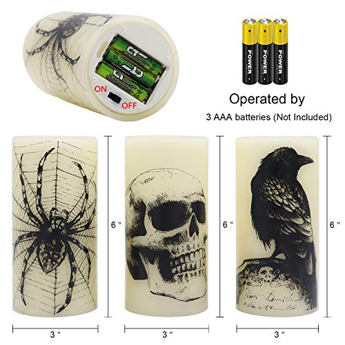 Image of Halloween Flameless Candles with 6H Timer, LED Pillar Candles mit Skull, Spider Web, Crow Raven Decals Set of 3, Battery Operated Real Wax Candles, Halloween Decor Horror Gothic Punk