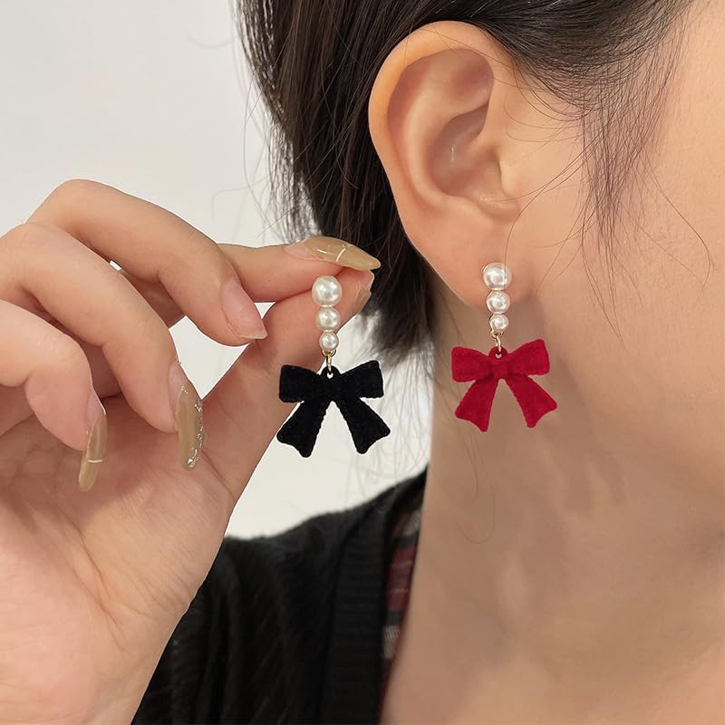 Bow Earrings for Women Chrsitmas Red Ball Bow Earrings Cute Pearl Bowtie Dangling Earrings Holiday Earring for Women - Image 4