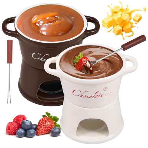 AULSAM Chocolate - Juego de fondue de cerámica, 300 ml, tenedor de acero inoxidable, fondue de chocolate, vela de té, fundidor de queso, crisol de fusión, ideal para frutas, galletas, galletas de