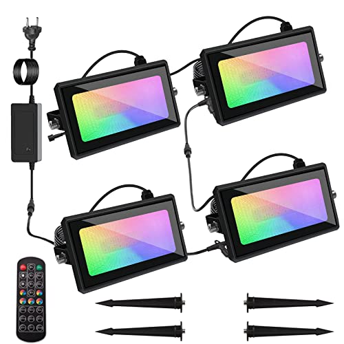 NIIU RGB Foco LED 32W, Foco LED Colores Exterior con Control Remoto y 4 Lámparas , IP66 Impermeable,7 Colores Básicos,13 modos Luces,Multicolor Proyector Para Interior Terraza Jardín Halloween