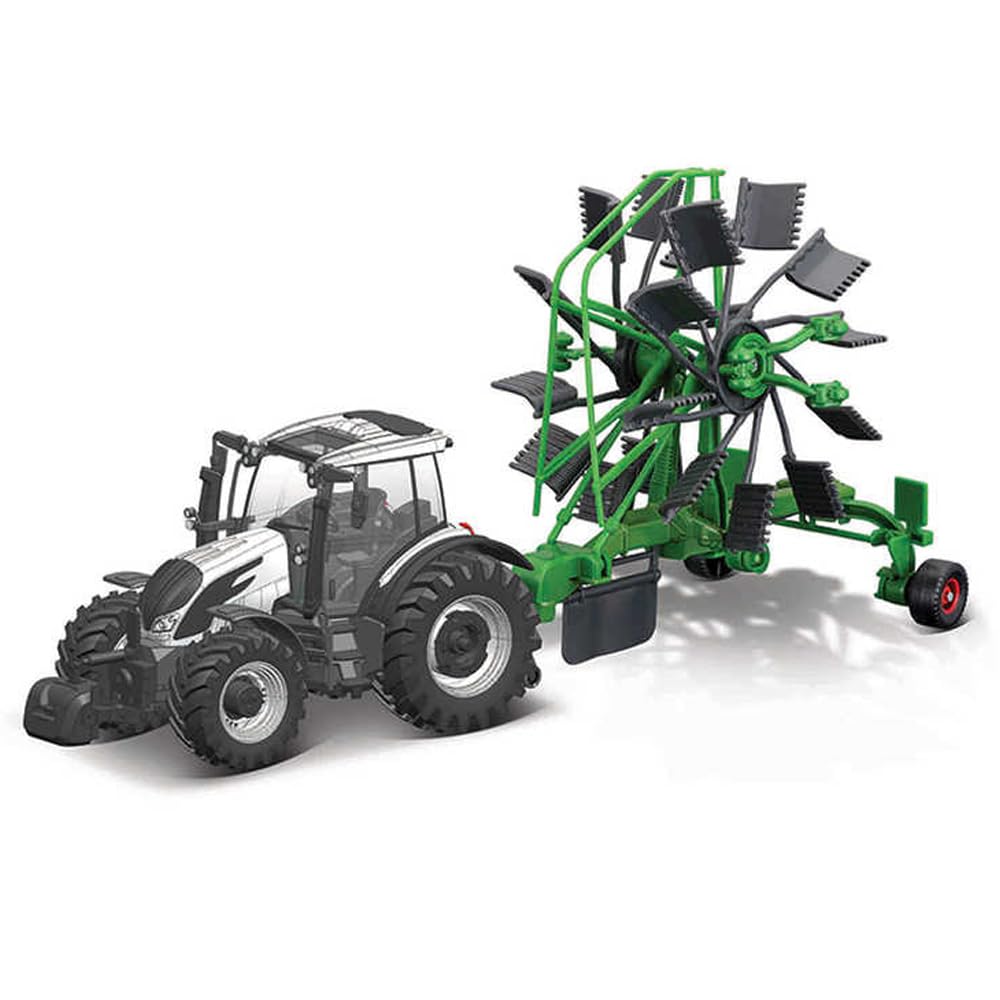 Bburago B18-31673 Die-Cast VALTRA M2Q Tractor with Working Whirl RAKE Vehicle, Green