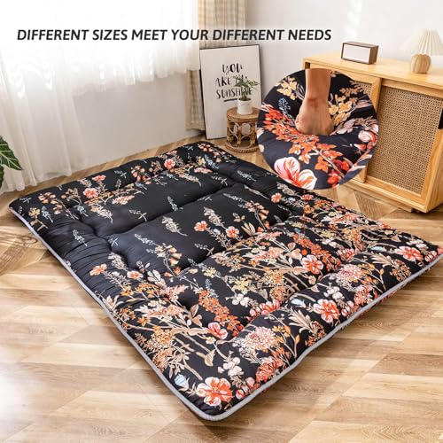 Image of MAXYOYO Japanese Futon Mattress Floor Mattress Sleeping Pad Foldable Mat Roll Up Camping Cushion Floor Lounger Couches and Sofas Couch Topper, Black Floral, Full Size
