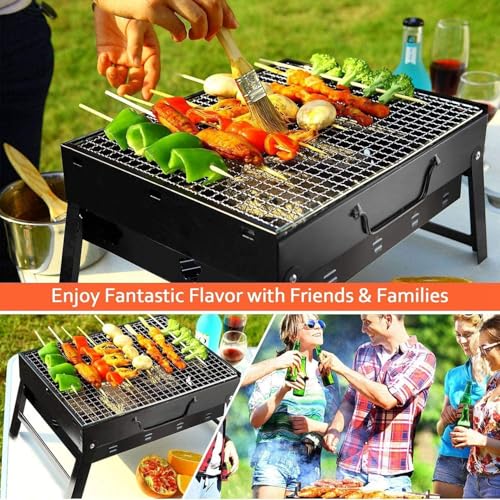 Image of NEW 2026】Portable Barbecue Grill Folding BBQ Grill, 【5 Pc Combo】12 Skewers, 2 Spatula, 1 BBQ Grill, 1 Air Blower, Foldable Charcoal Barbecue Set for Outdoor Camping, Picnic, Travel - Heavy Duty Black