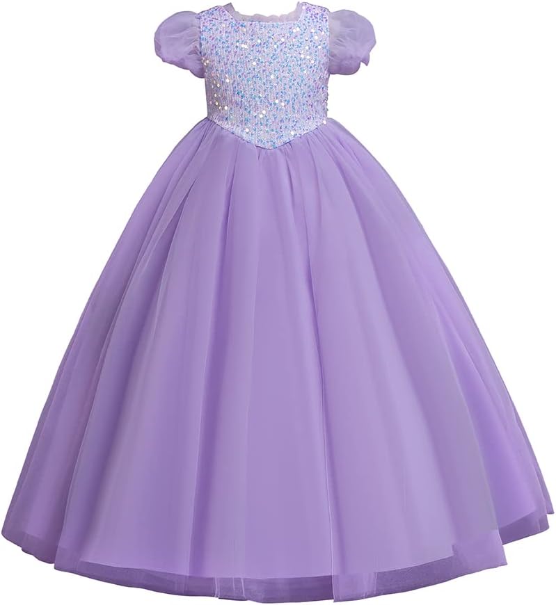 GenericDdaniela Kids Girls Puffy Tulle Dresses Pageant Party Prom Ball Gown Short Sleeve Princess Maxi Dress party PURPLE