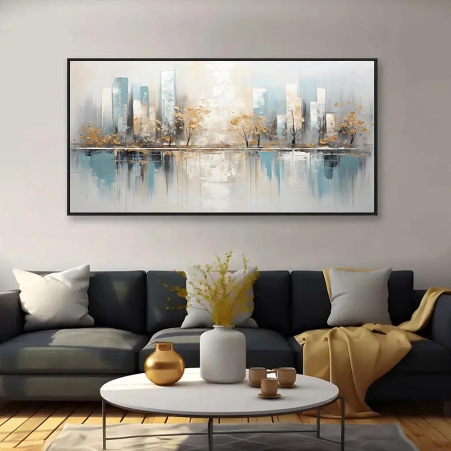 Toile géométrique d'arbre dorée et bleue de qualité supérieure 50x100 - 3